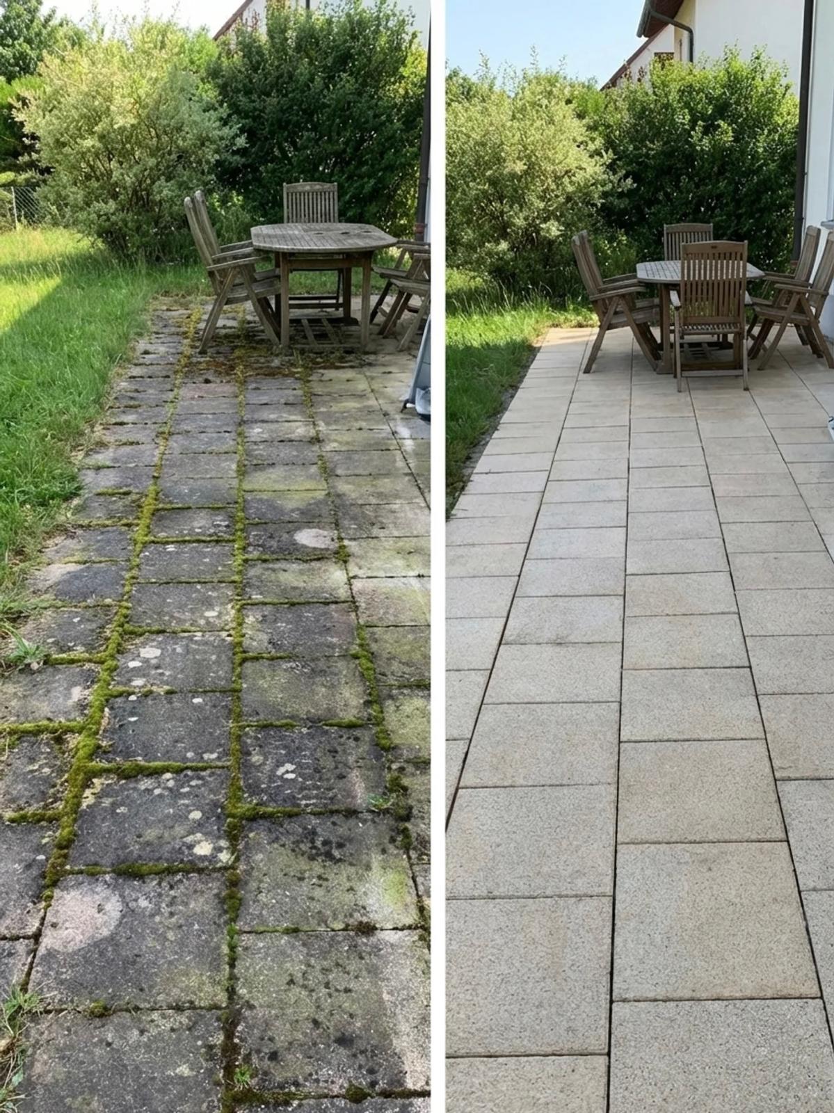 Vorher-Nachher einer professionell gereinigten Terrasse mit deutlich sauberer Steinfläche